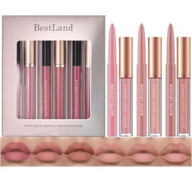 Imagem de BestLand Conjunto de 6 canetas de batom líquido fosco + delineador labial, kits de maquiagem One Step Lips, pigmento aveludado nude, à prova d'água, brilho labial, conjunto de maquiagem para presente