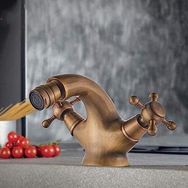 Imagem de ifgswopq Torneira de chuveiro bidê de latão antigo com alças cruzadas duplas torneira misturadora de água quente e fria bico sem chumbo