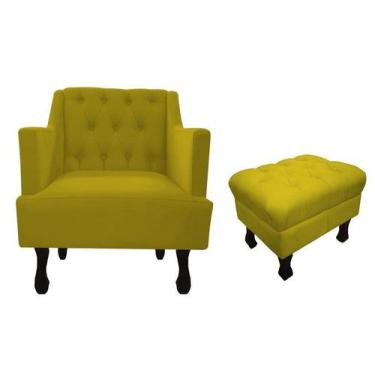 Imagem de Kit Poltrona Decorativa Julia + Puff Luis Xv Suede Amarelo Pés Madeira