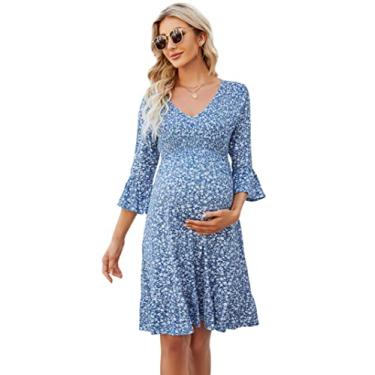 Imagem de KOJOOIN Vestido feminino de verão de manga curta com decote em V boho plissado casual rodado midi chá de bebê sessão de fotos, Manga 3/4, azul, floral - V, G