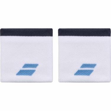 Imagem de Babolat Pulseira unissex com logotipo de esponja - Tamanho único - Cor: Branco/azul, rápida absorção de suor, largura 7,5 cm, alça de pulso preta para academia tênis badminton padel unissex adulto