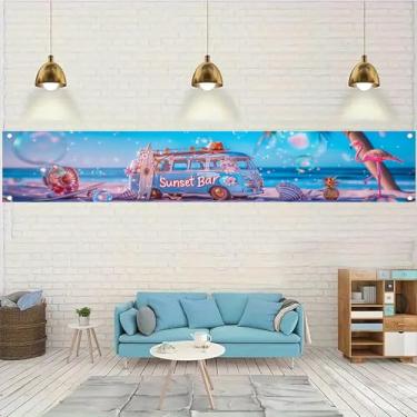 Imagem de Starlit Patio Sunset Bar Banner de praia 50 x 395 cm decorações de festa de verão pano de fundo oceano tropical piscina van retrô prancha de surf flamingo banner para quintal churrasco luau