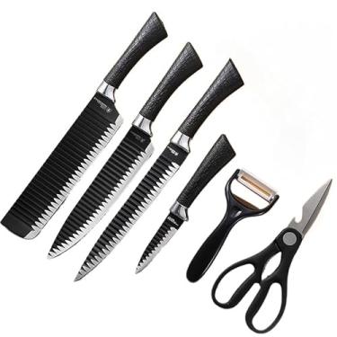 Imagem de Conjunto de 6 peças de faca de trinchar em aço carbono, faca de legumes, faca de descascar e tesoura (KIT 6 PRETO)