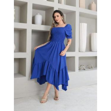 Imagem de Vestido midi de ponta liso crepinho lastex  Manga Curto - NoBrand, Azu