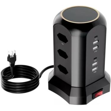 Imagem de Filtro de Linha, Extensão Tomada, Torre de Tomada, Régua Tomada, Régua de Energia, 9 Tomadas, 4 Interfaces USB, 2 Porta USB Tipo-C, Suporte a Tensão de 110-220V, Potência de 2500W, Preto