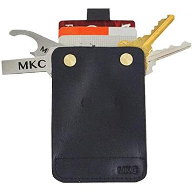 Imagem de MKC Carteira de couro minimalista fina com aba de puxar, porta-chaves unissex multifuncional e organizador de cartões e dinheiro, 7 x 10 x 0,8 cm - preta