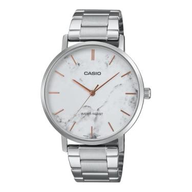 Imagem de Casio MTP-VT01DM-7A Relógio analógico masculino minimalista de aço inoxidável com mostrador branco marmorizado com 3 ponteiros, Branco