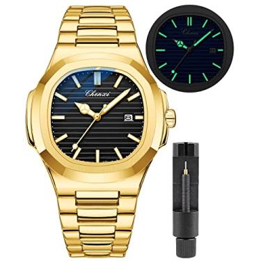 Imagem de Gosasa Relógios masculinos modernos de aço inoxidável, estilo luxuoso, quartzo luminoso, à prova d'água, mostrador analógico, relógio de pulso masculino, Dourado, preto, Negócios