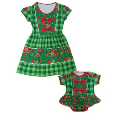 Imagem de Vestido e Body de Bebê Tal Mãe Tal Filha Estampado Festa Junina Xadrez Verde