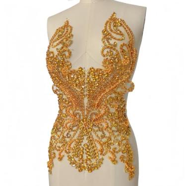 Imagem de Aplique de strass feito à mão com cristais brilhantes e aplique de diamante para vestidos de formatura, vestido de casamento (ouro)