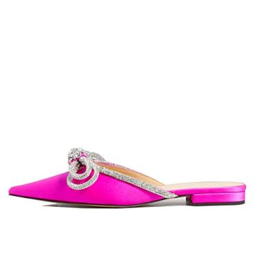 Imagem de Divanne Mocassim feminino sem cadarço, bico fino, costas nuas, strass, laço sem cadarço, Rosa choque - cetim, 38 BR