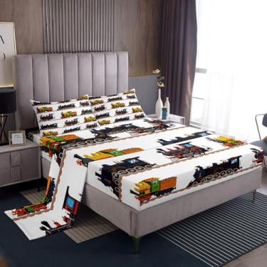 Imagem de Jogo de lençol solteiro com desenho animado de trem infantil, para decoração de quarto de meninos, motor a vapor, desenho animado, veículo fofo, 3 peças (1 lençol com elástico + 1 lençol de cima + 1