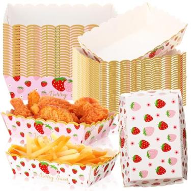 Imagem de Blushtier 50 bandejas de comida de papel de morango, pratos descartáveis de frutas silvestres de morango, lembrancinhas de festa, sanduíche, cachorro-quente, bandejas de nacho para frutas silvestres