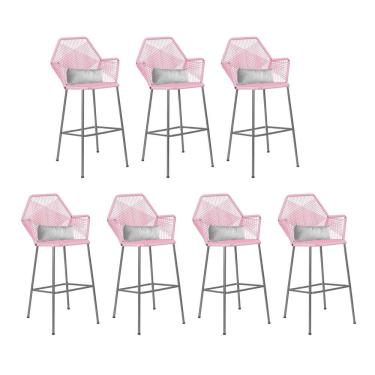 Imagem de Kit 07 Banqueta Alta Sttar Ferro Prata Fibra Rosa Bebê Almofada Sintético Branco - Amey Decor