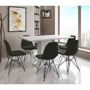 Imagem de Mesa Jantar Londres Retangular Branca 137X90 6 Cadeiras Estofadas Verde Ferro Preto