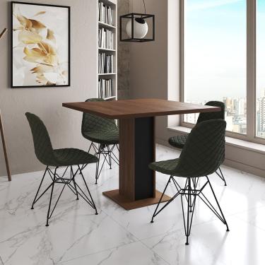 Imagem de Mesa Jantar Londres Quadrada Amêndoa 90Cm Base Preta 4 Cadeiras Eames Estofadas Verde Ferro Preto