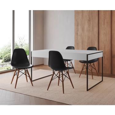 Imagem de Mesa Jantar Industrial Retangular Branca 137X90Cm Base Ferro Preto C/4 Cadeiras Pretas Cor: Branco