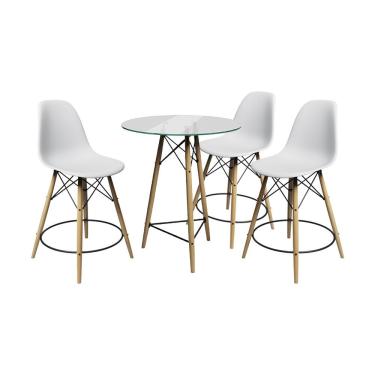 Imagem de Kit 3 Banquetas Bistrô Eames Eiffel Moderno Madeira Maciça Assento Plástico Polipropileno Branco UP Home