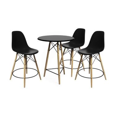 Imagem de Kit Mesa Bistrô Com 3 Banquetas Eames Eiffel Moderno Madeira Maciça Assento Plástico Preto UP Home