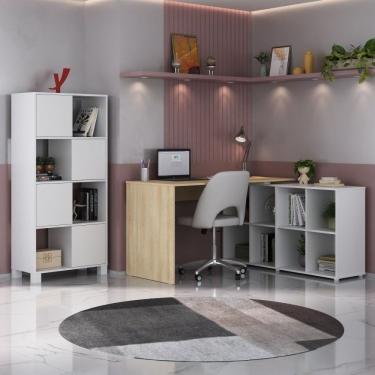 Imagem de Home Office Completo Com Mesa Em L E Armário Branco-carvalho