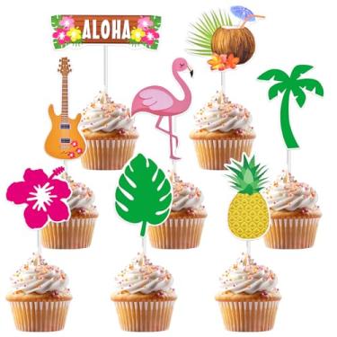Imagem de 32 Pcs Hawaiian Luau Cupcake Toppers - Flamingo Palm Tree Pineapple Guitar Coconut Hibiscus Aloha Tropical Cupcake Picks Hawaiian Beach Theme Summer Birthday Party Cake Decorations Supplies