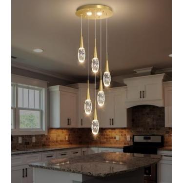 Imagem de cenozo Luminária Pendente Ajustável Com 6 Luzes Para Ilha De Cozinha, Led Regulável, Moderna, Glam, Cristal, Iluminação Suspensa, Sala Jantar, Quarto, Dourado Antigo
