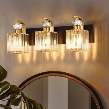 Imagem de Vikdio Luminária De Penteadeira Com 3 Luzes Em Preto E Dourado, Acessórios Modernos Para Banheiro Sobre O Espelho, Cristal 20,5" Lâmpadas Led Entrada Do Quarto