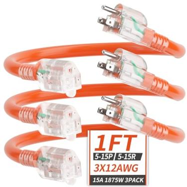Imagem de PlugSaf Cabo De Extensão Externo Curto Calibre 12/3 1 Pé (Pacote Com 3) Indicador Luminoso, Resistente 3 Pinos, Plugue Fios Aterrados Para Segurança, Laranja