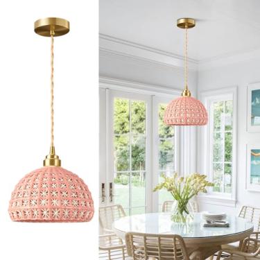 Imagem de Fulesi Luminária Pendente De Cerâmica Rosa Com Acabamento Em Latão Estilo Fazenda, Suspensa Teto Moderna E Minimalista Para Cozinha, Ilha, Quarto, Cabeceira…