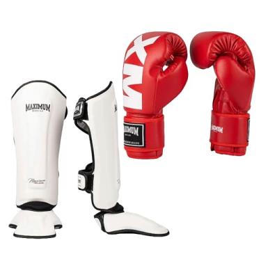 Imagem de Kit Caneleira Classic White + Luva Boxe Muay Thai Kickboxing Maximum MXM Vermelho (LUVA 12oz * CANELEIRA M)