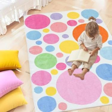 Imagem de Lacomfy Tapete infantil com bolhas de arco-íris para quarto de meninas e meninos, 8 x 1,5 m, tapete de brincar com círculos coloridos para sala de estar, lavável, rosa, amarelo, laranja, bolhas,