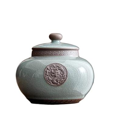 Imagem de Lata de chá Recipientes de armazenamento de chá de cerâmica estilo chinês vintage com padrão dourado e decoração de borla, frasco de chá folhas de chá selando lata de armazenamento para chocolate, açú