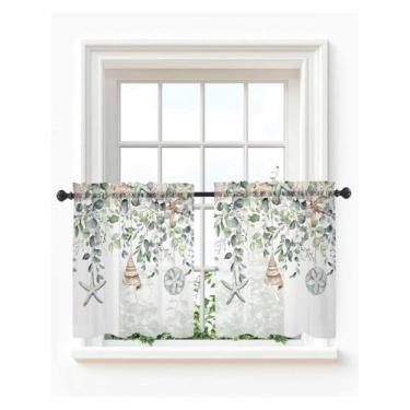 Imagem de Cortinas transparentes de camada de cozinha costeira primavera 91 cm de comprimento, folhas de eucalipto pequenas cortinas de janela de café, conchas de estrela do mar, bolso para varão, vanlance