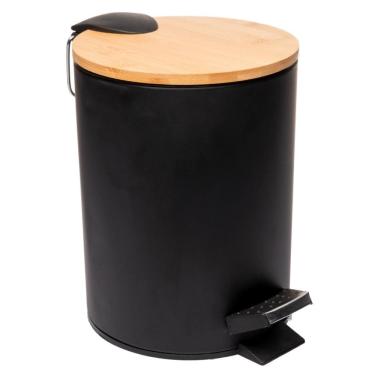 Imagem de Lixeira 5L Redonda de Metal com Pedal e Tampa em Bambu Preta Lyor