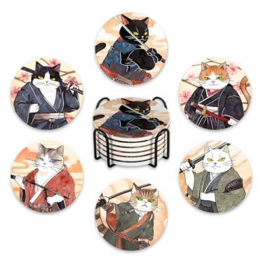 Imagem de Pycat Conjunto de 6 porta-copos de gato anime com suporte, tapete de cerâmica absorvente de guerreiro japonês para proteção de mesa de café, 10 cm, decoração de cozinha doméstica, presentes de