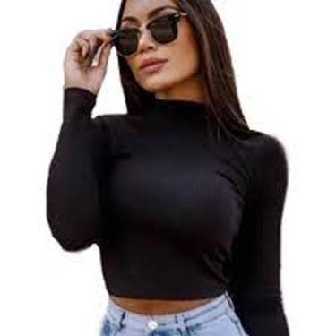 Imagem de Cropped feminino gola alta manga longa básico malha canelada blogueira