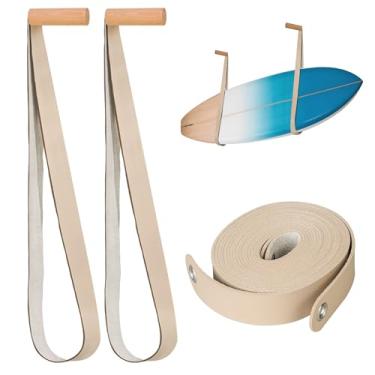 Imagem de HTZSSON Suporte de parede para prancha de surfe – cabides de parede para prancha de surf, suporte de prancha de surf, lindo suporte sustentável de madeira e couro, acessórios de surf que economizam