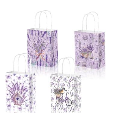 Imagem de 12 peças de sacos de papel lavanda com alças, saco de papel portátil para presente de lavanda e doces, roxo elegante, bolsa de presente de festa, com estampa de lavanda reutilizável, sacola de compras