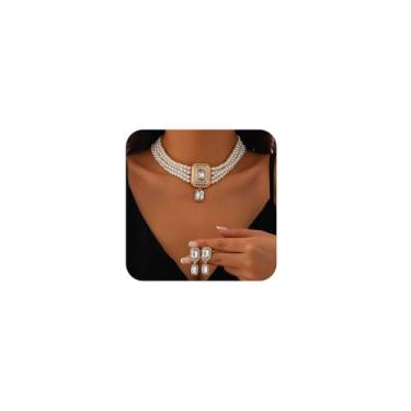 Imagem de Missgrace Gargantilha feminina vintage boho prata verde década de 1920 falso pérola gargantilha conjunto de brincos noiva falso pérola strass geometria preto rosa colar brinco para baile bar festa