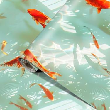 Imagem de HOMETITUTE Papel de parede Koi Fish Peel and Stick Papel de parede com reflexo de água Papel de parede de peixe japonês adesivo de parede autoadesivo removível para banheiro decoração Feng Shui 39.9