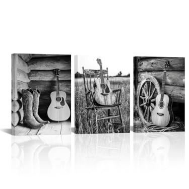 Imagem de AoArtWZ Arte de parede em tela de guitarra paisagem de fazenda decoração de parede preto e branco botas ocidentais impressão de imagem de madeira arte musical para cowboy rodeio sala de estar