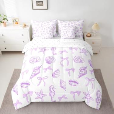 Imagem de Conjunto de cama casal com laço roxo, estrela do mar, concha, concha, vida marinha, cavalo marinho, praia, romântico (edredom + lençol de cima + 2 fronhas + 2 capas de travesseiro)