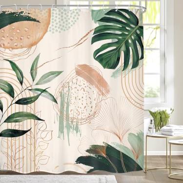 Imagem de Mitpok Cortina de chuveiro Boho 72Lx78H Moderna Abstrata Tropical Folhas Verdes Planta Palmeira Boêmia Meados do Século Botânico Arco Geométrico Decoração de Banheiro Minimalista Cortina de Banho