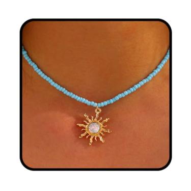 Imagem de Tgirls Colar Boho com pingente de sol de cristal opala hippie sol gargantilha colar de sementes de contas joias para mulheres e meninas, Metal, Cristal