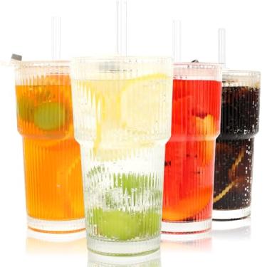 Imagem de AiMQnLe Xícara de café gelada de 590 ml com tampas e canudos, copo de vidro vintage, vidro canelado para cerveja de coquetel de uísque, copos de bebida (4)