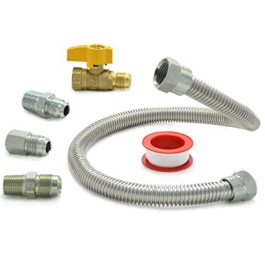 Imagem de TT FLEX One Stop Gas Appliance Hook Up Kit, 22" Stainless Steel Flexible Gas Connector with 1/2" Brass Gas Shut off Valve and Fittings for Gas Log, Stove, Garage Heater, Dryer, Fireplace, 6-Piece