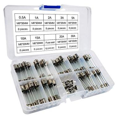 Imagem de iztor Fusíveis de tubo de vidro de sopro rápido 0,5A-30A 250V Kit sortido com caixa de plástico 72 peças 6 x 30 mm 10 peças de assento de fusível de ação rápida para carro, motocicleta, barco