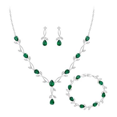 Imagem de Crysdue Conjunto de joias de casamento para noivas, damas de honra, zircônia cúbica deslumbrante com pingente de aglomerado de folhas de lágrima conjunto de brincos de pingente de pulseira de tênis