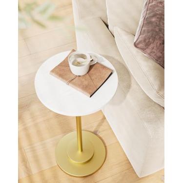 Imagem de Masupu Mesa de bebida, mesa lateral redonda para espaços pequenos, mesa lateral de pedestal, mesa de canto pequena com base de metal, para sala de estar, quarto, banheiro, ouro branco