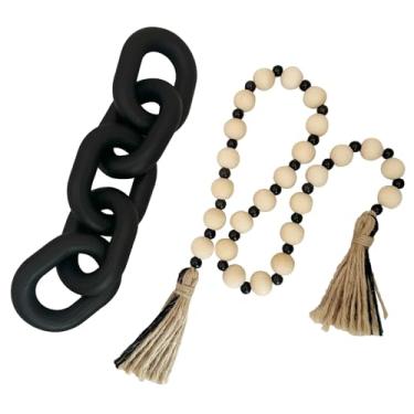 Imagem de EMINGSKY 2 peças decorativas 5 elos de corrente de madeira decoração e contas boho casa de fazenda rústica decoração de mesa para casa prateleira de mesa de centro estética moderna mesa decoração de